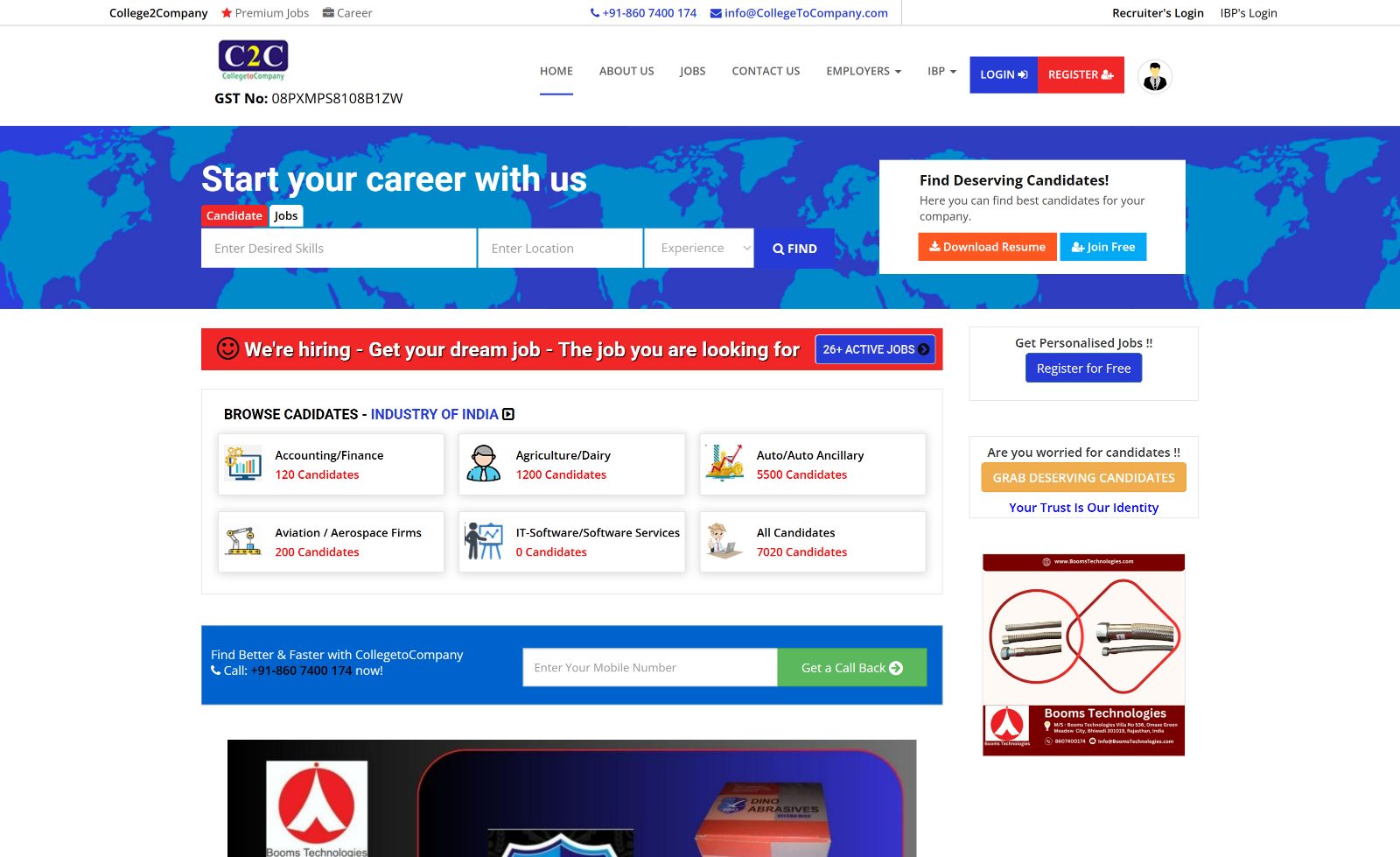 The CollegeToCompany.com website homepage